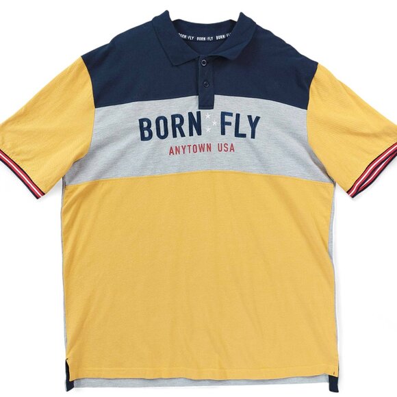 Born Fly Polo Shirt Mens XL Anytown USA Colorblock Yellow Navy Blue Extra Large - Picture 1 of 10